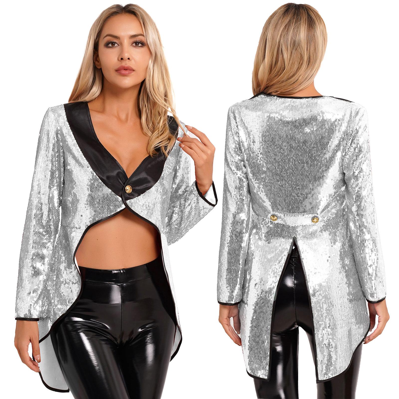 Damen-Smoking-Oberbekleidung, Zirkus-Zirkusdirektor, Halloween-Kostüme, Frack, Jacke, glitzerndes Pailletten-Zaubererkleid mit einem Knopf L silber