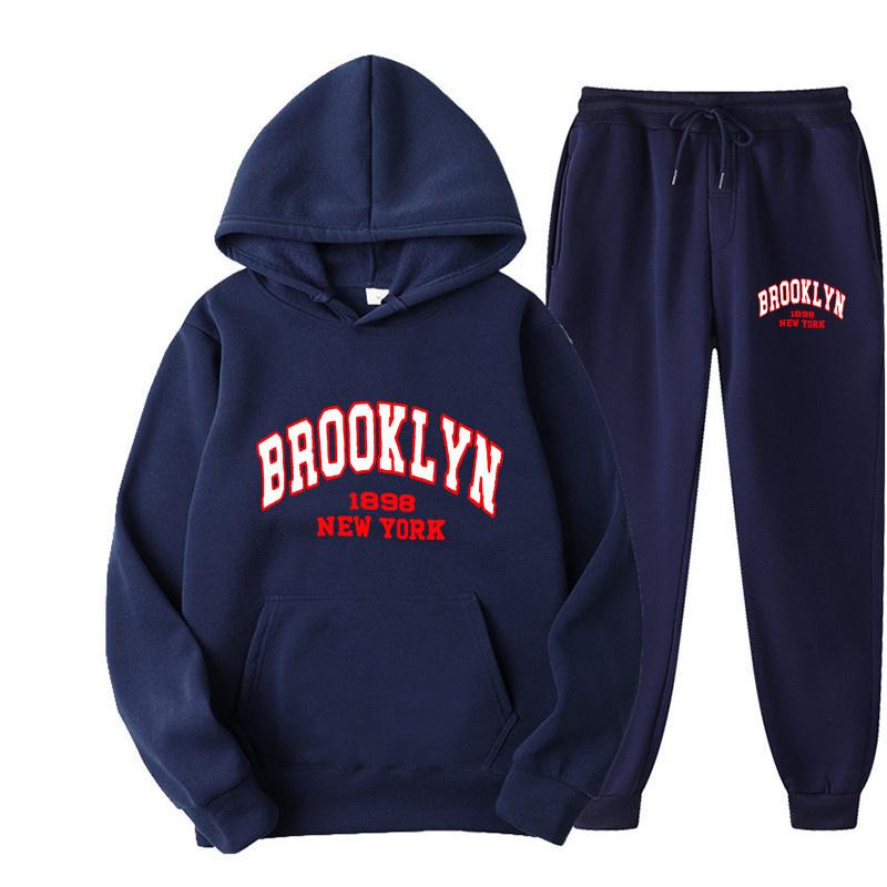 Brooklyn 1898 Herrenanzug, modischer, lässiger Trainingsanzug, 2-teilig, Kapuzenpullover, Pullover, Sportkleidung, Sweatshirt, Jogging-Set L blue