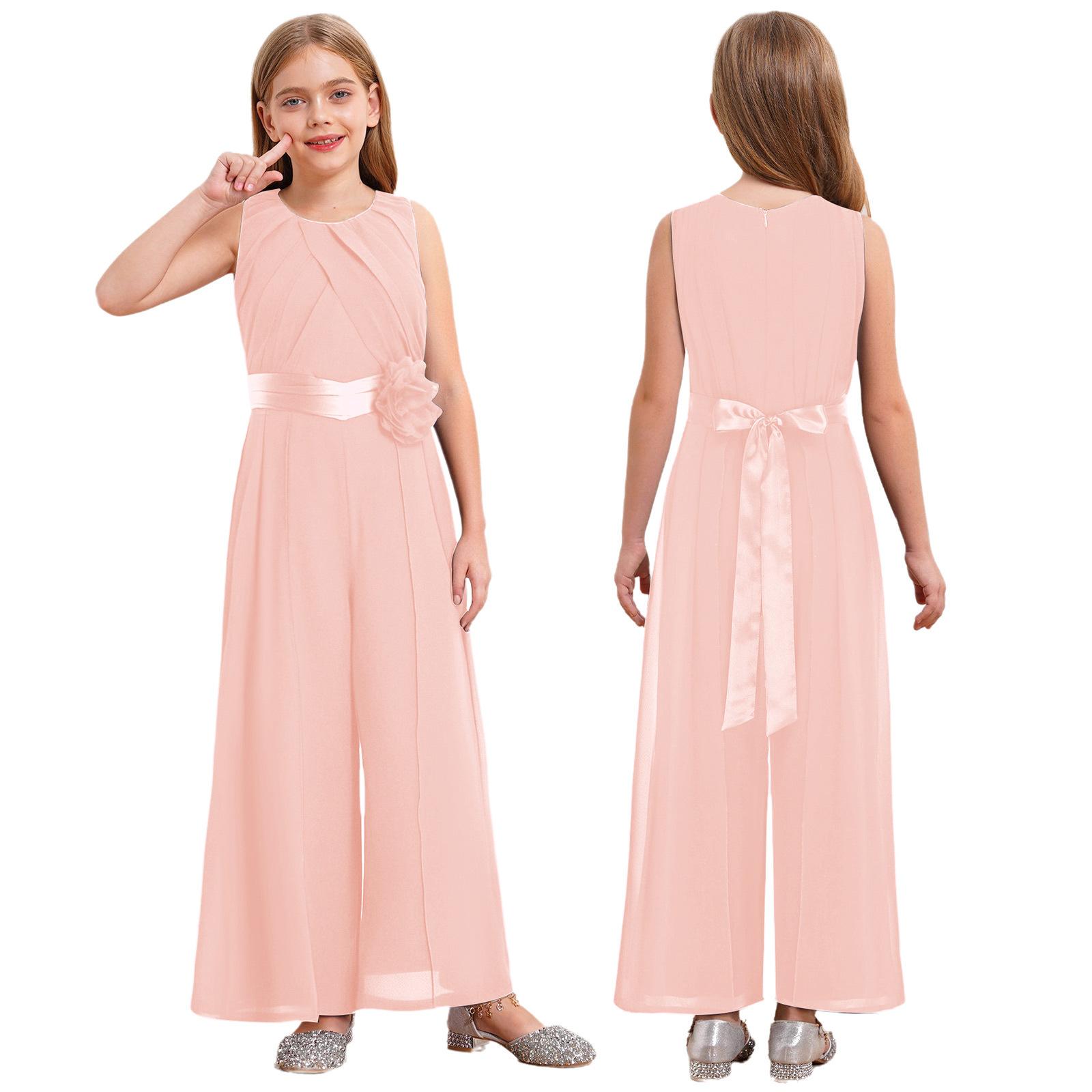 Kinder Mädchen Party Jumpsuit Einfarbige Runde Halslinie Ärmellos Hohe Taille Rüschen Chiffon Abnehmbare Blume Verziert Jumpsuit mit Gürtel für Hochzeit 15-16 Years