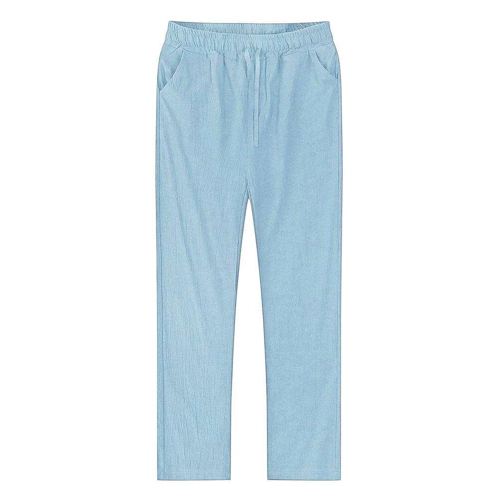 Herren Baumwolle Leinen Hose Männlich Herbst Lässig Gerade Atmungsaktiv Einfarbig Leinen Hose Fitness Streetwear S-3XL M himmelblaue