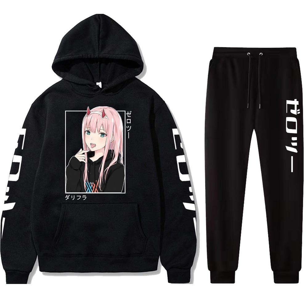 Neue Mode Set Kawaii Anime Darling In The Franxx Männer Frauen Unisex Hoodies Sweatshirts Zero Two Hoodie Hosen Harajuku Jogging anzüge 2XL schwarz