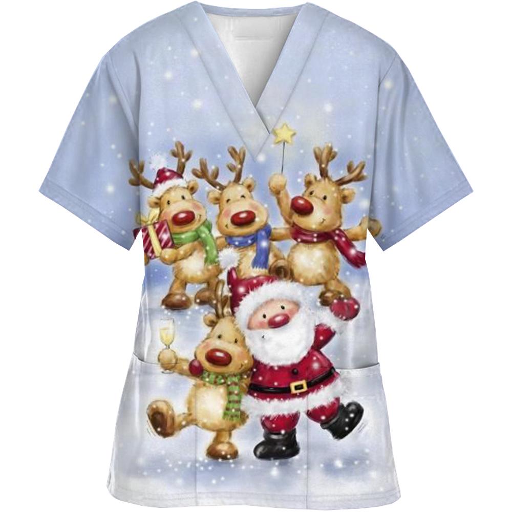 Weihnachtsbedruckte V-Ausschnitt Kasacks für Damen Herren Bluse Baumwolle Chirurgen Arbeitskleidung Medizinische Uniform Arzt Krankenschwester Kasacks 8XL brown