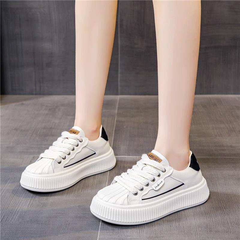 Leder Weiße Schuhe Damen Frühling Neue Studentin Vielseitige Keksform Schuhe Dicke Sohle Shell Toe Lässige Sport Skate Schuhe 40