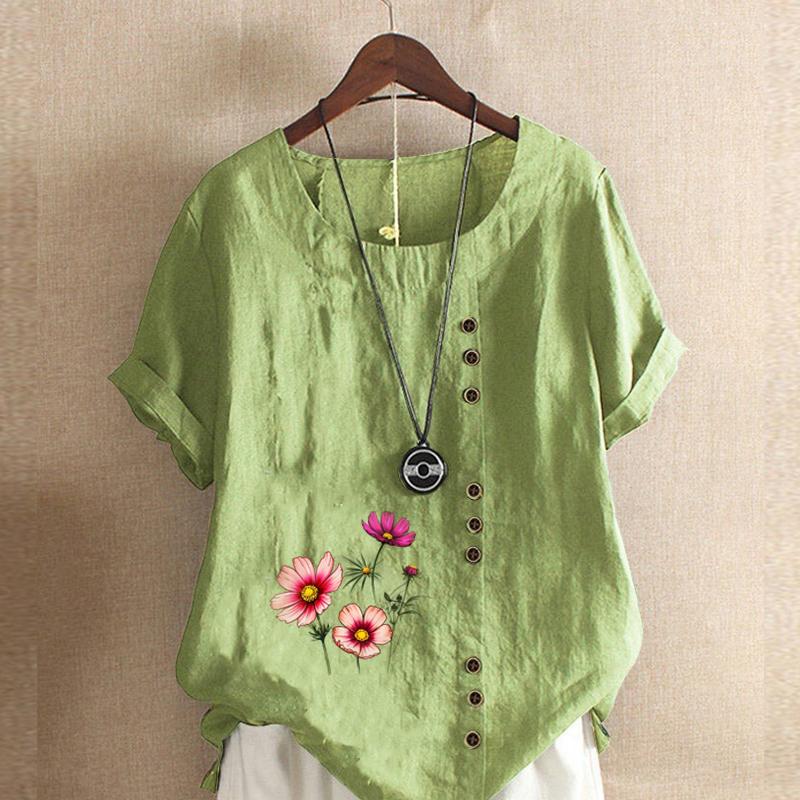 Damenmode Blumen bedrucktes Kurzarm-T-Shirt, lockeres Baumwollhemd, lässige, lockere Sommerbluse 4XL grün