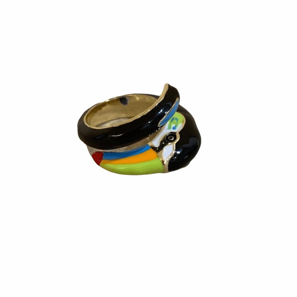 Vintage Bunter Emaille Papagei Ring Metallmaterial Verstellbarer Ring Geometrisch Offener Ring Party Geschenke schwarz