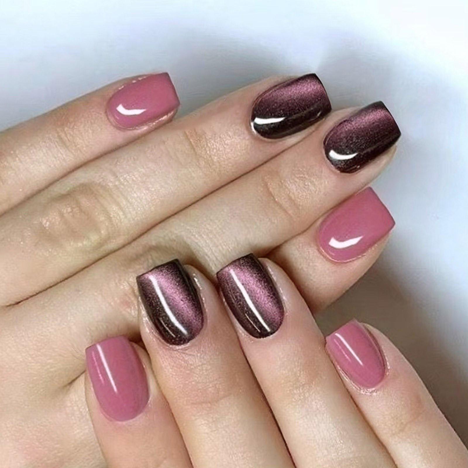 24 Stück Katzenaugen Falsche Nägel Wiederverwendbare Künstliche Nägel Kurz Vollabdeckung Aufkleben Nägel Glänzend Aufdrücknägel für Frau