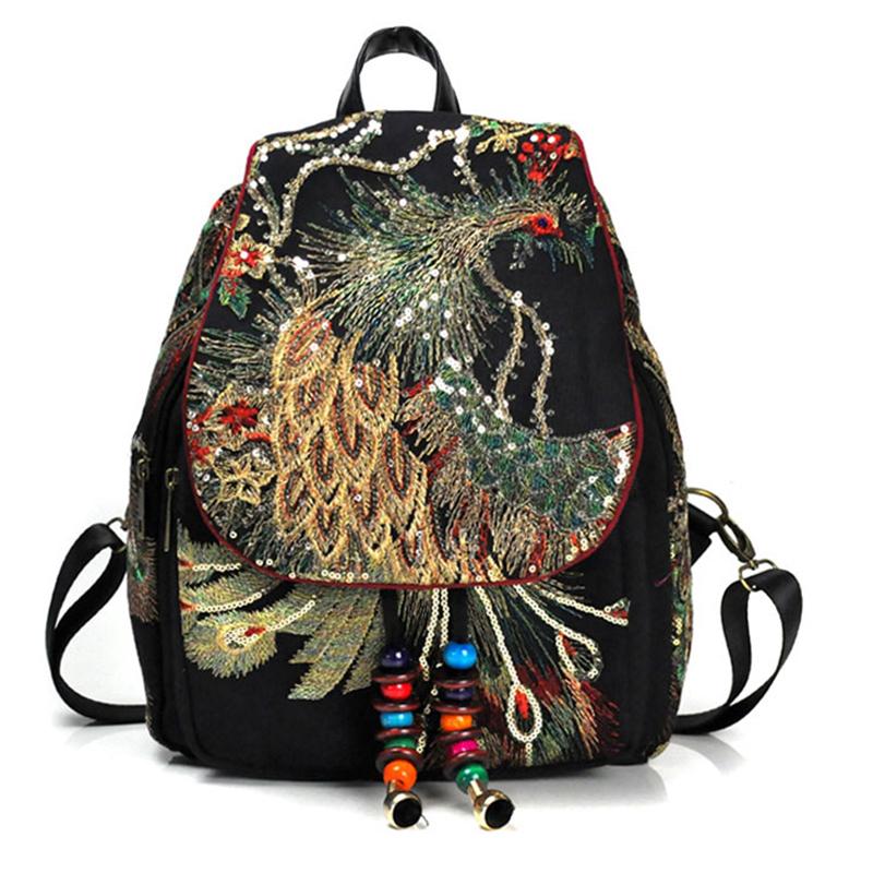Yogodlns Mode Pailletten Rucksack Frauen Große Kapazität Rucksack Luxus Pfau Stickerei Rucksack Casual Lady Packs Reisetasche 26*12*36cm schwarz