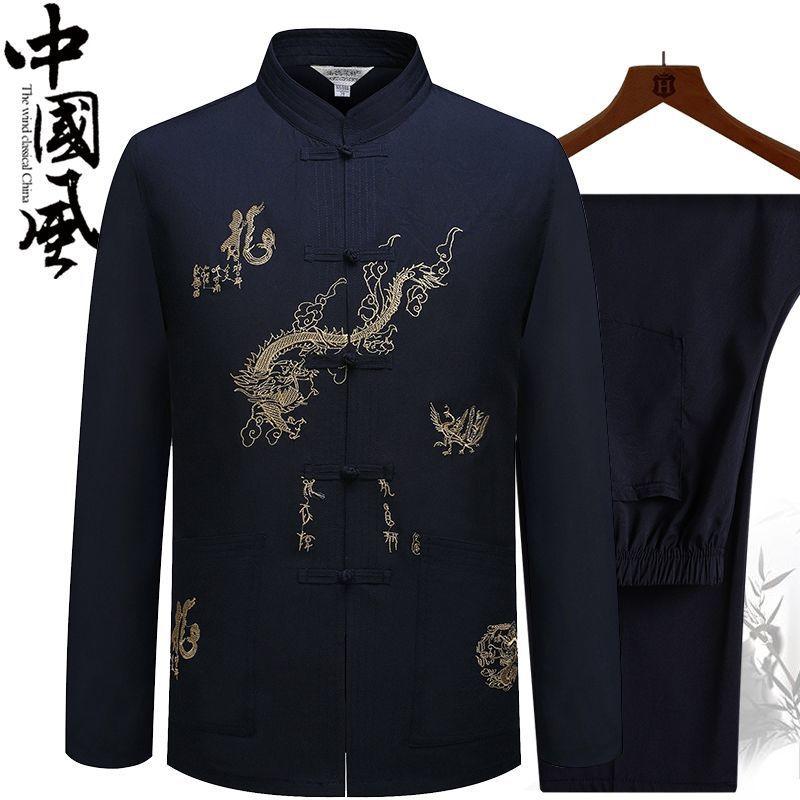 Tang-Anzug Herren Hanfu Langarmhemd Anzug Tai Chi Morgengymnastikanzug 2-teiliger Anzug XXXL navy blau