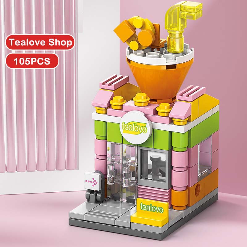Coca-Cola Street View zusammengebautes Blockpuzzle Stadtgebäudemodell Geschenkspielzeug für Kinder Milk tea shop-105Pcs