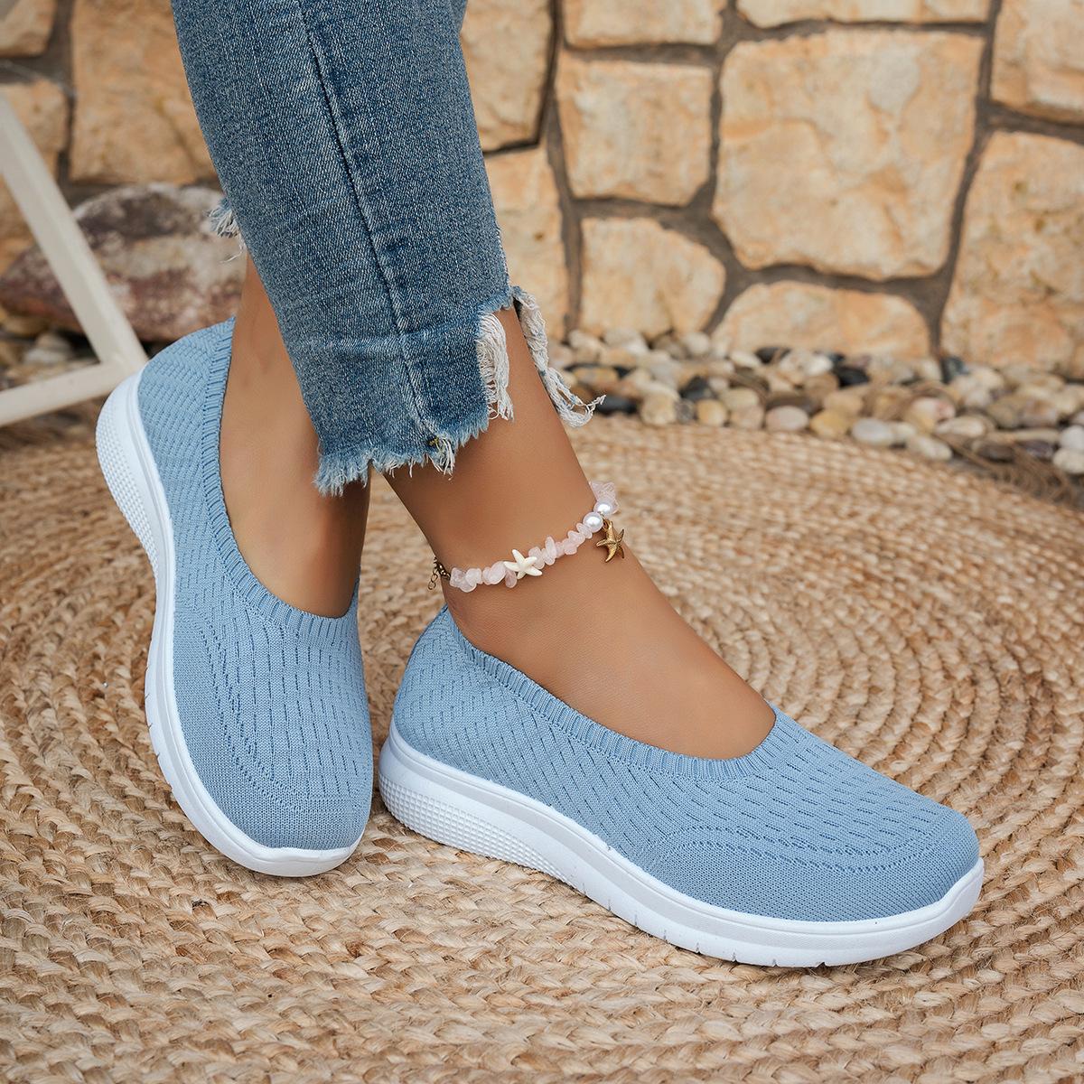 Damen Strickschuhe mit flacher runder Zehenpartie, Damen einfarbige Slip-On Walking Mesh Schuhe, Atmungsaktive Damen Alltagsschuhe 40 hellblaue