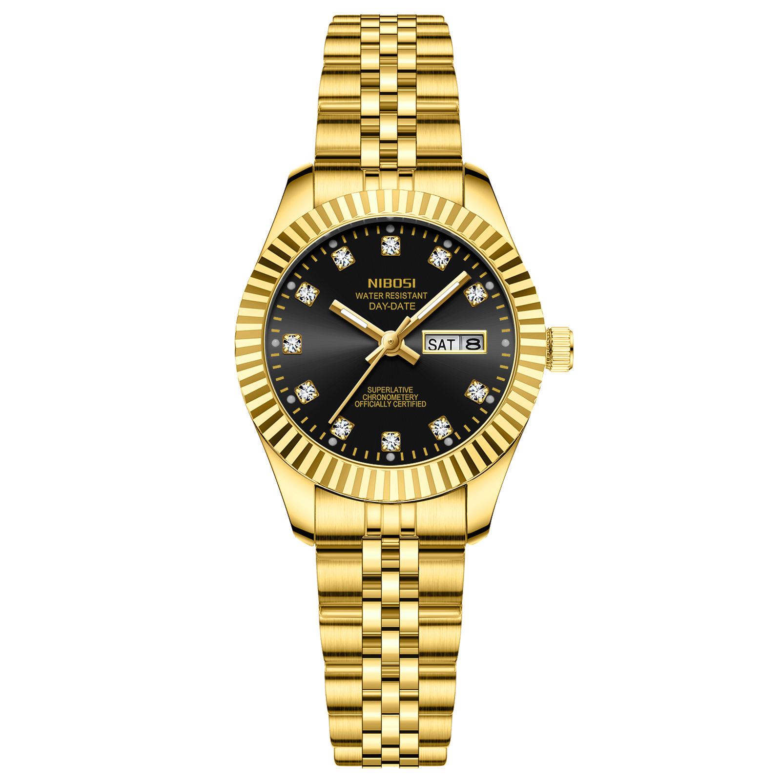 Nibosi 2697 Silber Gold Diamant Damen Uhren Edelstahl Armband Quarz Uhr Wasserdicht Kalender Leuchtend Damen Armbanduhren Nibosi 2697 black