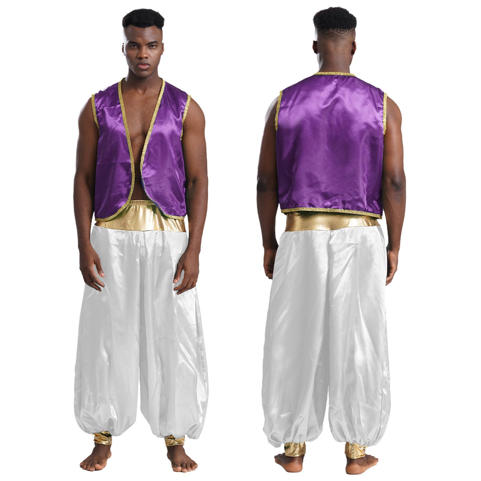 Herren Arabischer Prinz Kostüm S-4XL - Glänzende goldene Borte Weste & Patchwork Hose für Halloween/Cosplay 4XL weiß/dunkelviolette