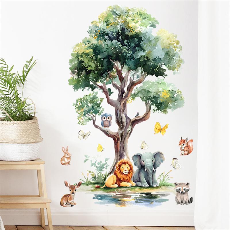 Cartoon Kind Wandaufkleber Waldtier Großer Baum Wandtattoo Wohnzimmer Schlafzimmer Kinderzimmer Kindergarten Home Wanddekoration Wandbild
