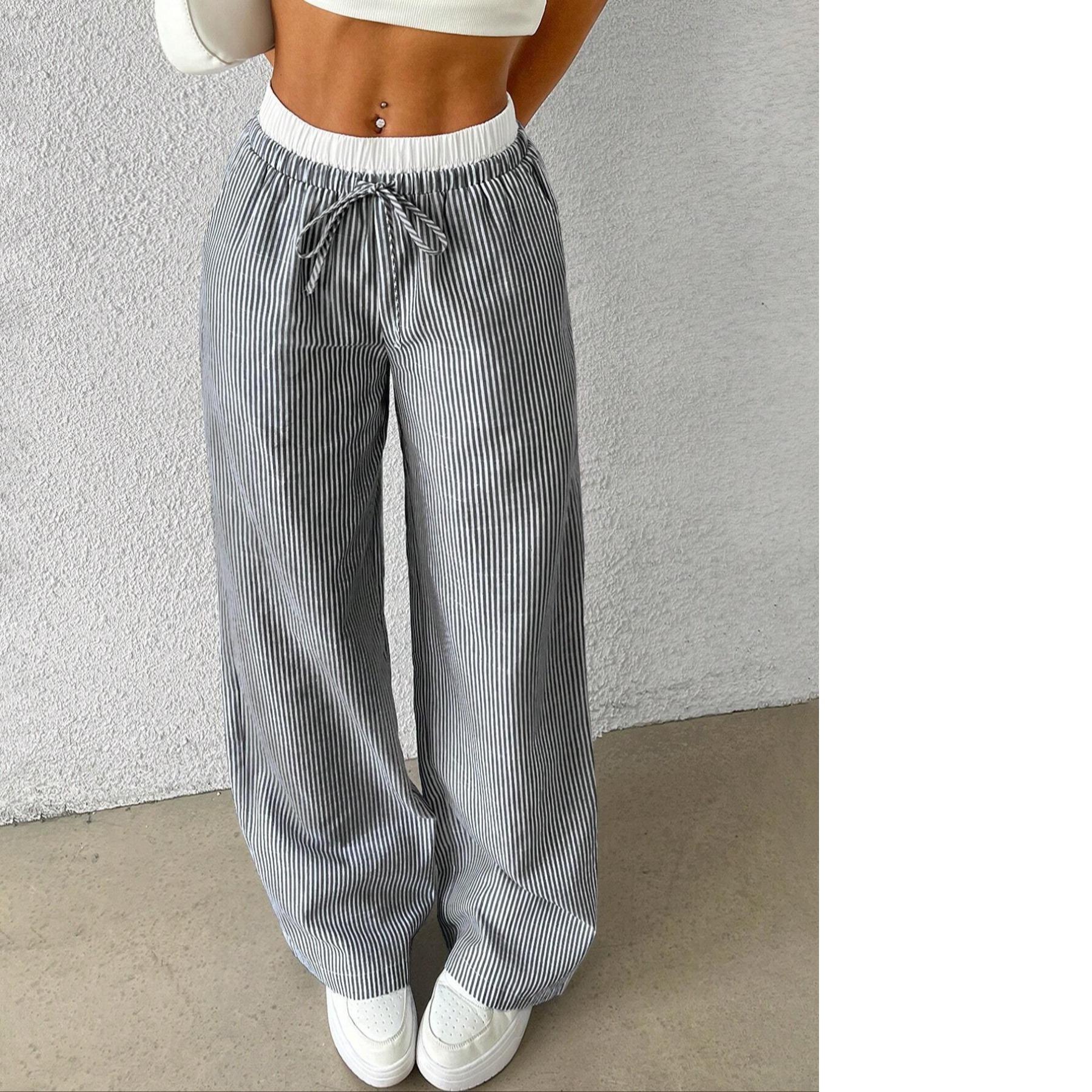 Sommer Damen Lässige Gestreifte Damen Weite Hosen Lässige Stilvolle Länge Hosen Gestreift Kariert Color-blocking Locker Weite Hosen Lässige Hosen XS schwarz