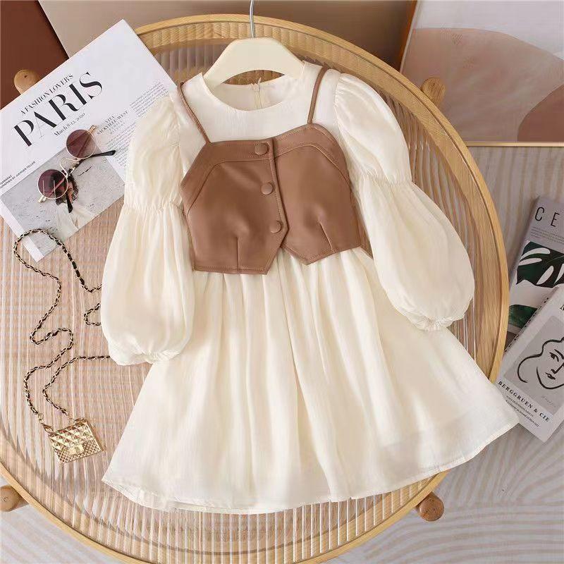 Frühling Herbst Baby Anzüge Mädchen Weste + Langarm Kleider 2 stück Kinder Nette Prinzessin Kleid Kinder Chiffon Vestido 2 -10T 90cm beige