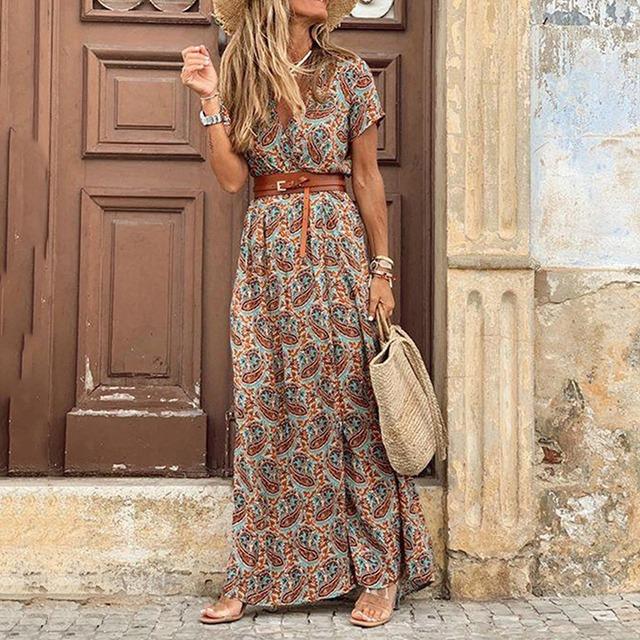 Boho Paisley Print Langes Kleid Damen Vintage V-Ausschnitt Kurzarm Kleider Damen Elegant Großer Saum Gürtel Strandkleid Maxikleid L braun