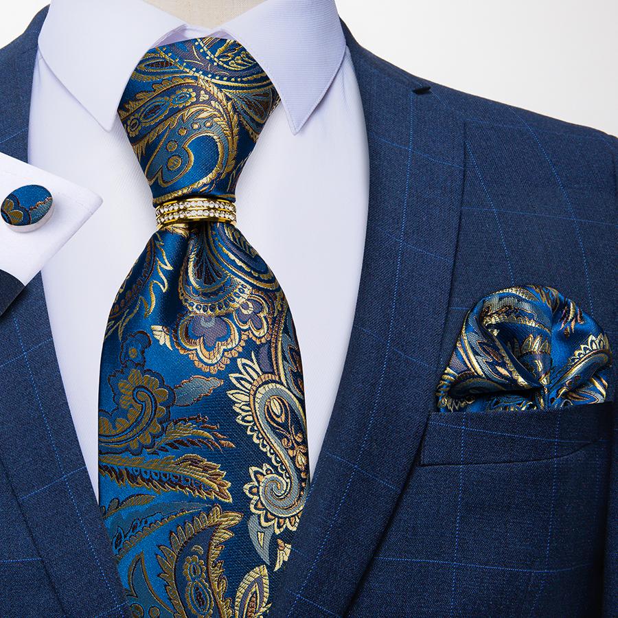 Herren-Krawatte, blau, Paisleymuster, Seidenkrawatte, Vintage-Krawatte, Einstecktuch, Manschettenknopf-Krawatten-Set für Hochzeit, Party N-7391
