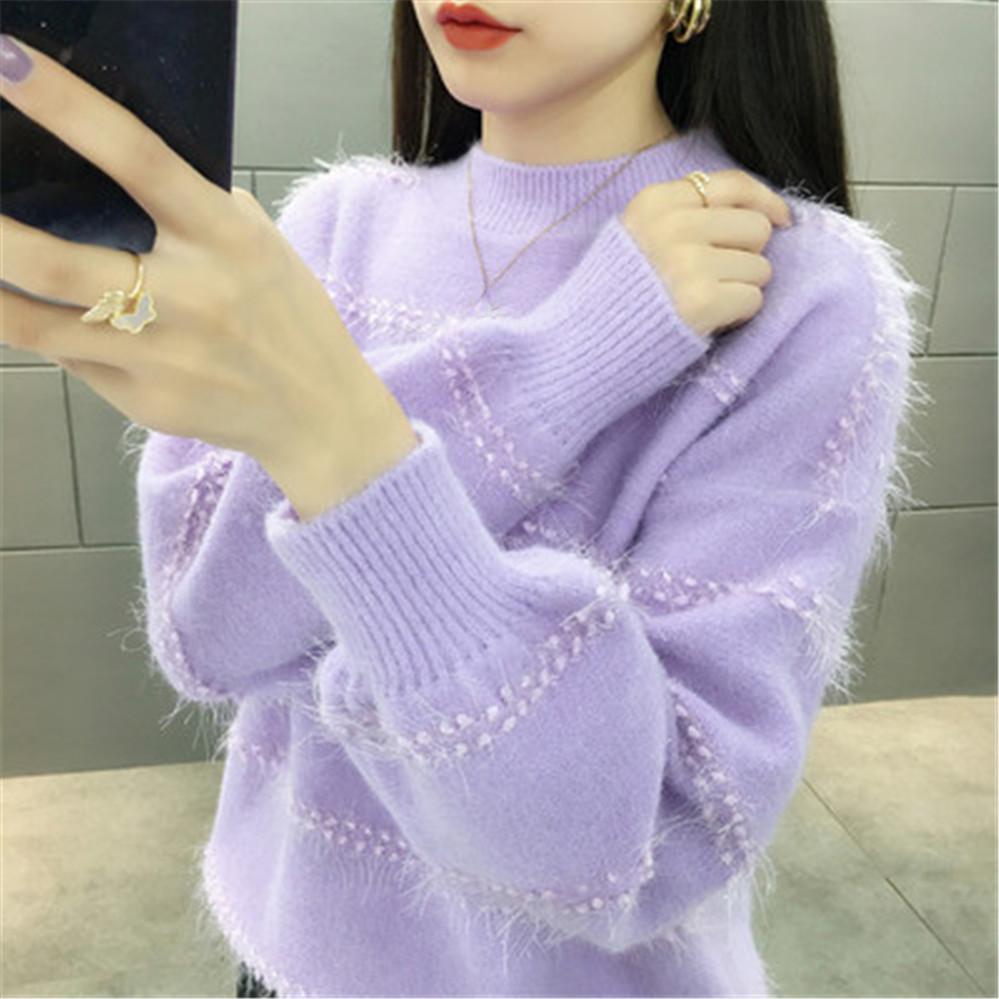 Dame Elegante Casual Warme Jumper Weibliche Lose Pullover Pullover Tops Neue Mode Herbst Frauen Solide Strick Pullover Pullover XXL violett