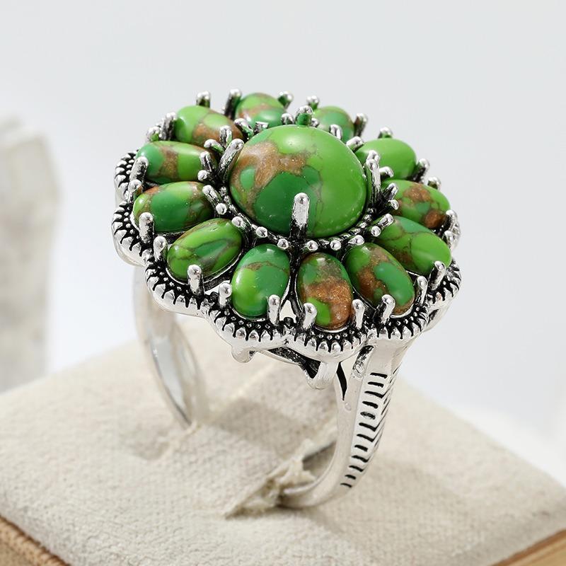 Ethnischer eingelegter Imitationstürkis-Blumenring für Damen, Vintage-Kupferfarbe, Geometrie, täglicher Schmuck, Party-Schmuck, Jubiläumsgeschenk 6