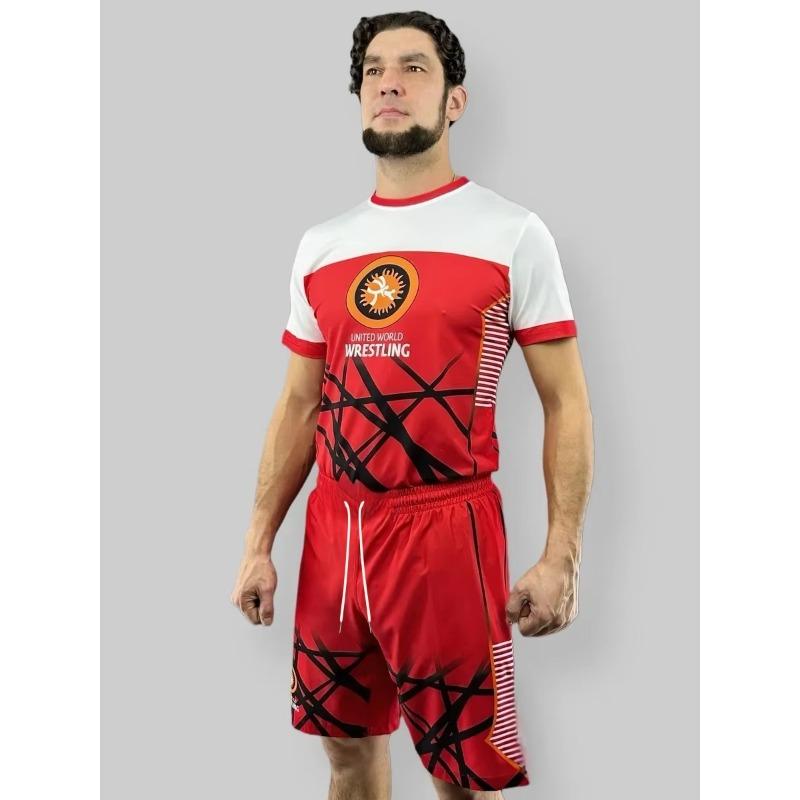 2026 Neues United World Wrestling Sportset für Herren und Kinder, Mehrfarbig, T-Shirt & Shorts, MMA Trainings-Kampfanzug L white