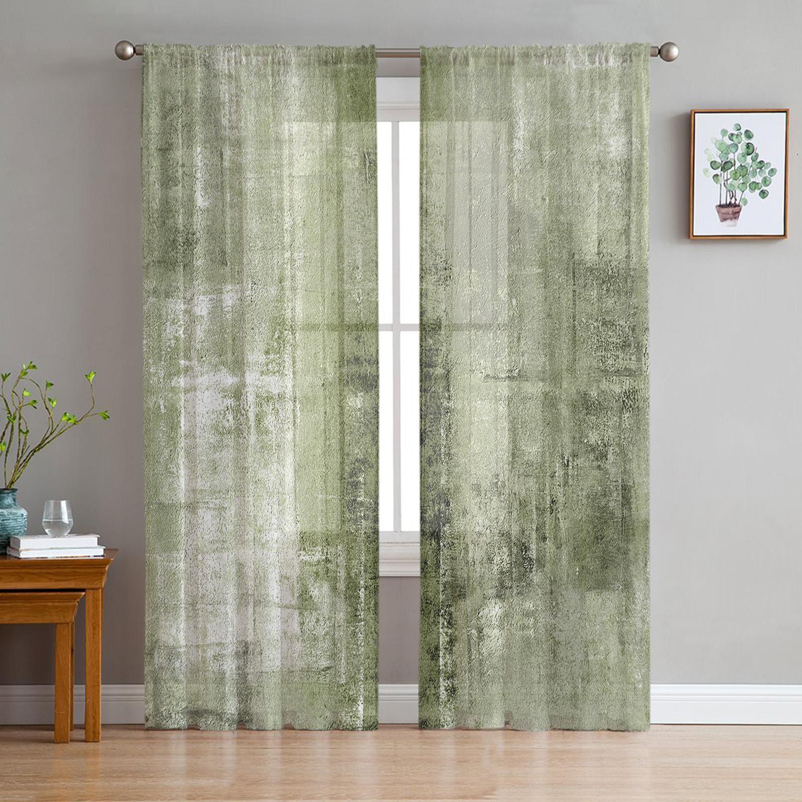 Ölgemälde Abstrakt Grasgrün Transparente Vorhänge für Wohnzimmerdekoration Fenster Vorhänge Küche Tüll Voile Organza Vorhänge W135 x H160cm x2