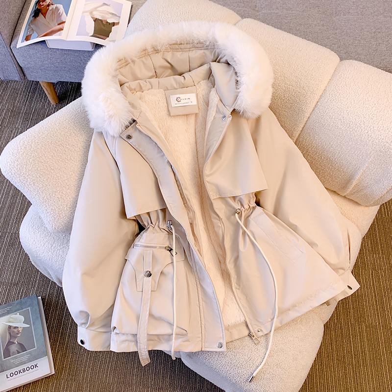 Frauen Herbst Winter Pelz Kragen Langarm Einfarbig Kordelzug Parka Mit Kapuze Chic Warm Mantel L weiß
