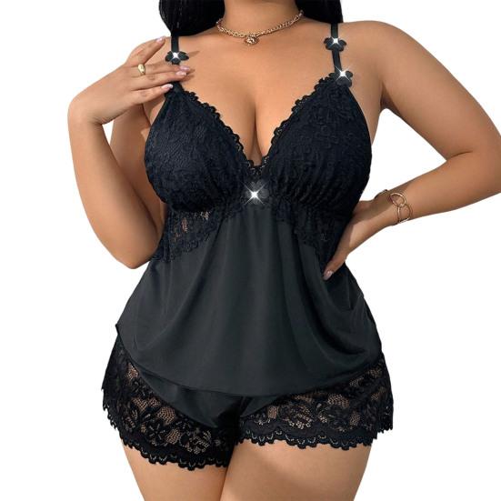 Damen Übergröße Schlafanzug Set Sexy Spitze Besatz Ärmelloses Cami Top Und Shorts Nachtwäsche Set Zweiteiliges Camisole Lounge Schlafanzug PJs Set XXXXL schwarz