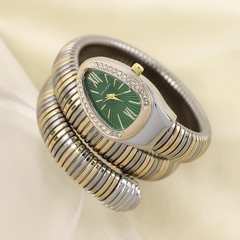 Schlangenförmige Armbanduhr für Damen, Armband-Uhren, glitzernde Strass-Quarz-Armbanduhr