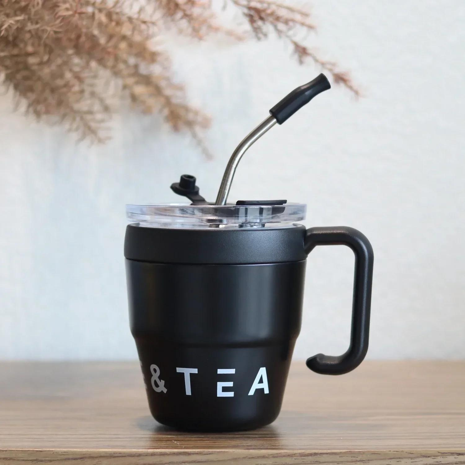 Tragbarer Kaffeebecher mit Strohhalmdeckel, 480 ml, Edelstahl-Thermosbecher für kalte Getränke, Wasser, Tee, Milch, Tassen, Outdoor-Flasche 480ml