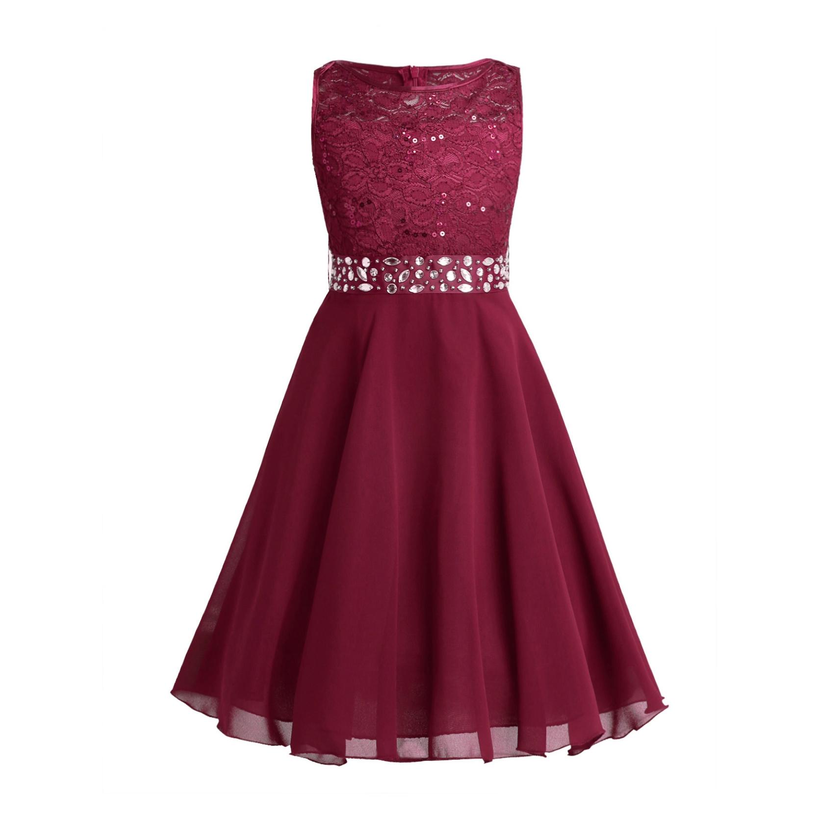 Kinder Mädchen glitzernde Pailletten Spitze Blumenmädchen Brautjungfer Hochzeit Party Kleider ärmellos Chiffon Prinzessin Festzug Ballkleid 9-10 Years rot