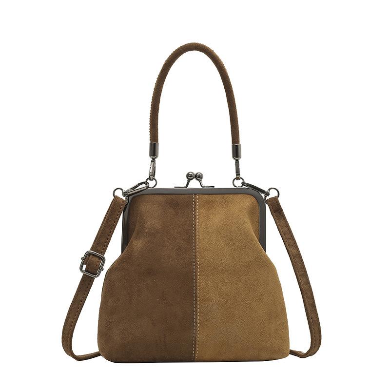 Damen Retro Crossbody-Tasche aus Wildlederimitat, Elegante Schultertasche mit Kontrastfarbe und Bügelverschluss, Abnehmbarer Schultergurt, Kleine Handtasche, Alltags-Handtasche braun