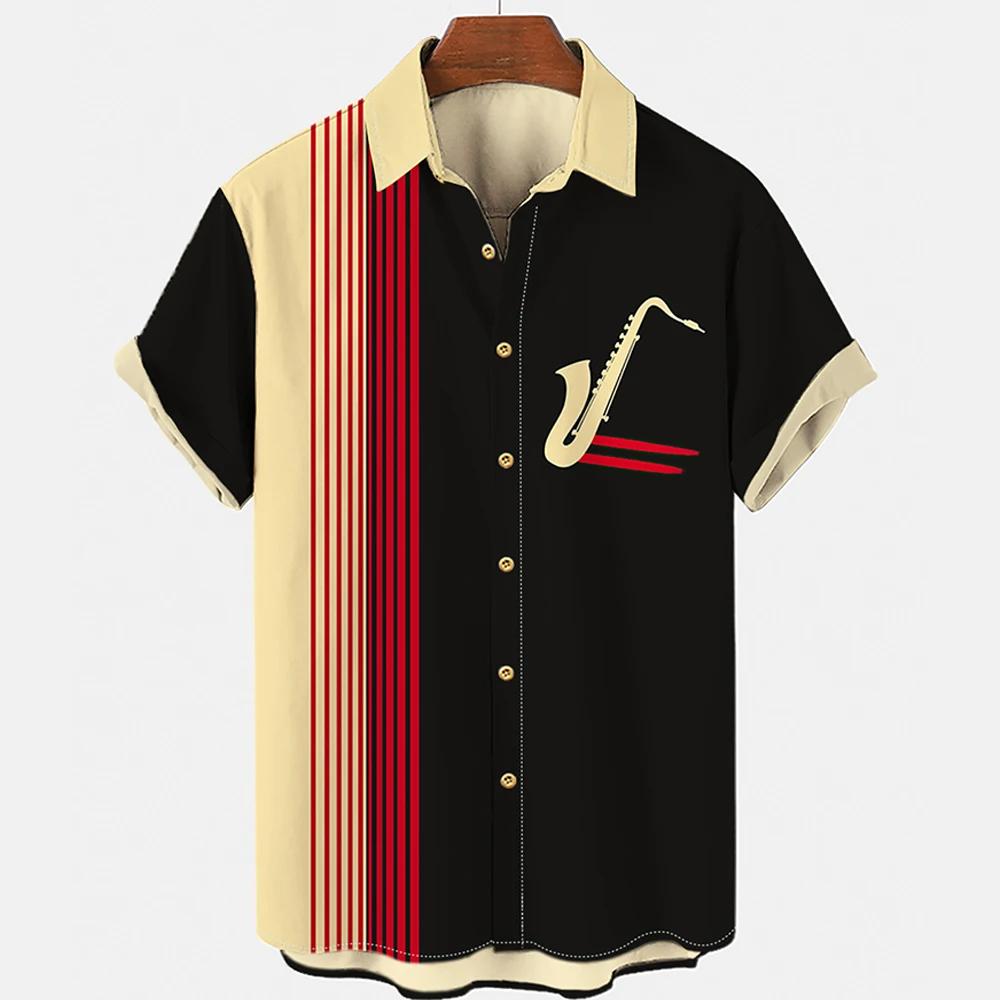 Herrenhemd Button-Down Sommer Neu Hawaiianisches Hemd Saxophon 3D-gedruckt Locker Kurzärmlig Klassisches Strandparty-Hemd Oberteile 5XL