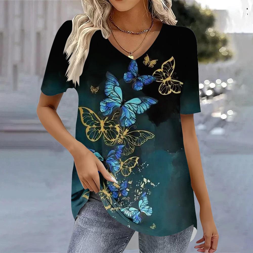 Damen T-Shirts mit V-Ausschnitt und 3D-Druck, modisches Damenhemd und Bluse 2025, T-Shirt, Damenkleidung, übergroße Sommeroberteile, T-Shirts S
