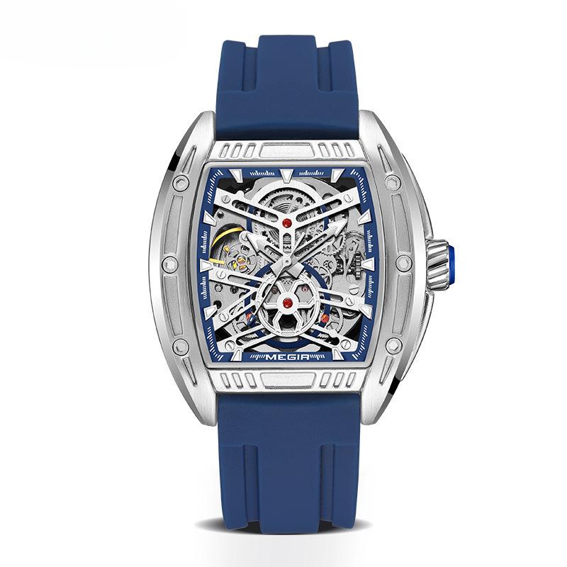 Mechanische Uhr für Herren im Tonneau-Stil, Silikonband, leuchtend, wasserdicht, hohl, mechanische Uhr