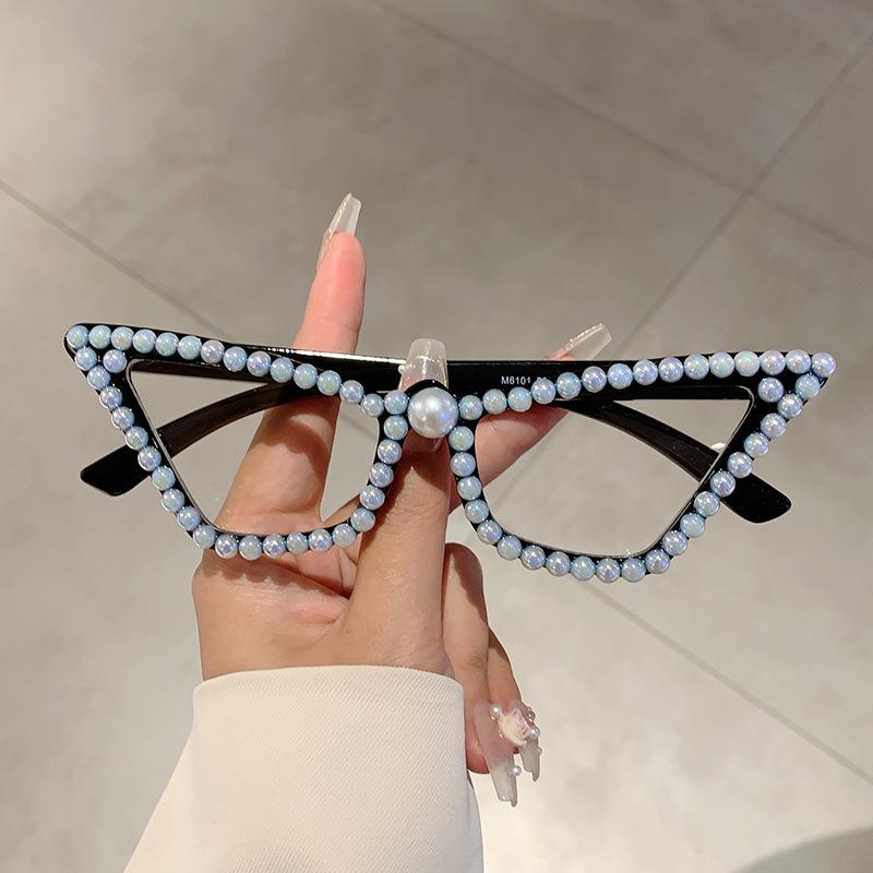 Perlen-Sonnenbrille für Damen, modische Katzenaugen-Sonnenbrille, rosa, süße ästhetische Brille, flippige, unregelmäßig geformte Sonnenbrille