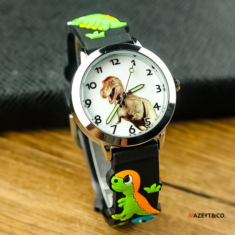 Niedliche 3D Dinosaurier Wasserdichte Kinder Quarz Armbanduhr – Koreanischer Stil T-Rex Armbanduhr für Kindergartenjungen schwarz