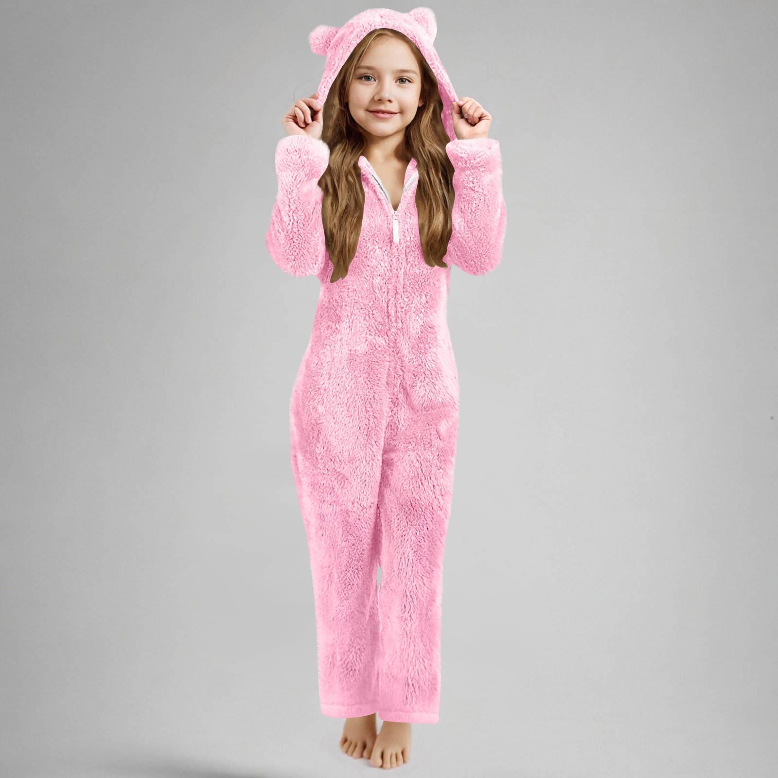 Kinder Jungen und Mädchen Einfarbig Kapuze Langarm Reißverschluss Plüsch Warm Kinderbekleidung Jumpsuit 140 rosa