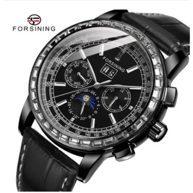 Forsining Herren Mode Casual Multifunktions Strass Uhr Mechanische Uhr gray