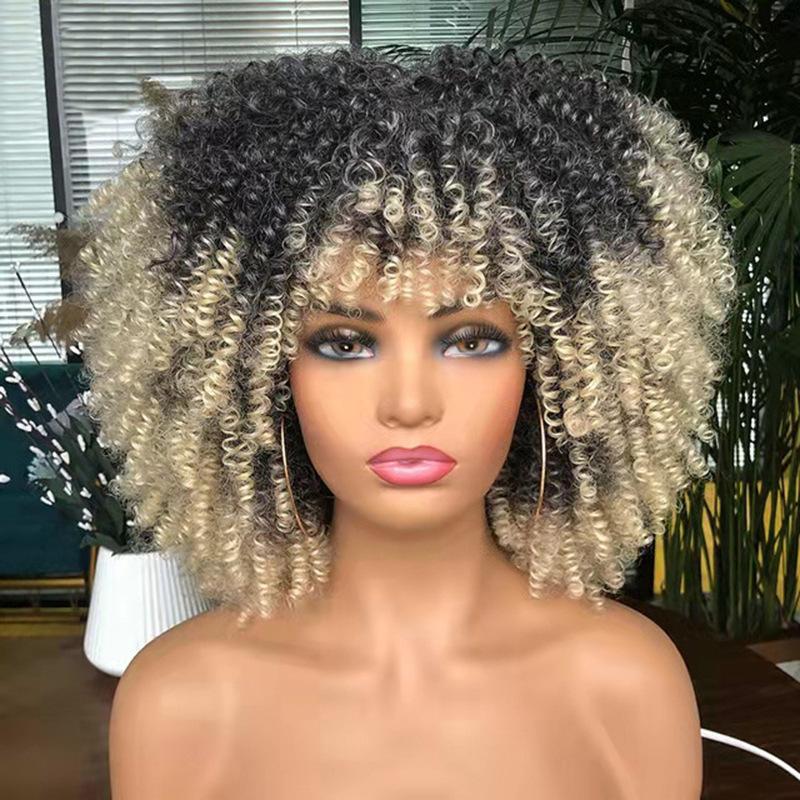 Kurze Afro-Perücke mit verworrenen Locken und Pony für schwarze Frauen, Cosplay, Lolita, synthetische, natürliche, leimlose, braune, gemischte blonde Perücken gray