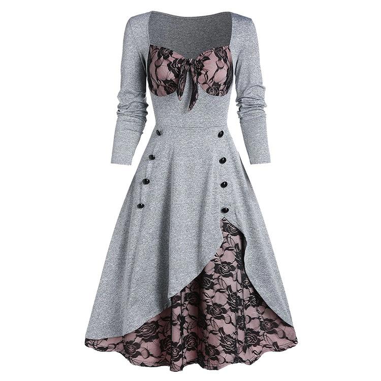 Halloween Frauen Mittelalter Vintage Gothic Renaissance Kleid Cosplay Palace Retro Spitze Nähte Knopf Langarm Damen Kleid Kleid Übergröße XL