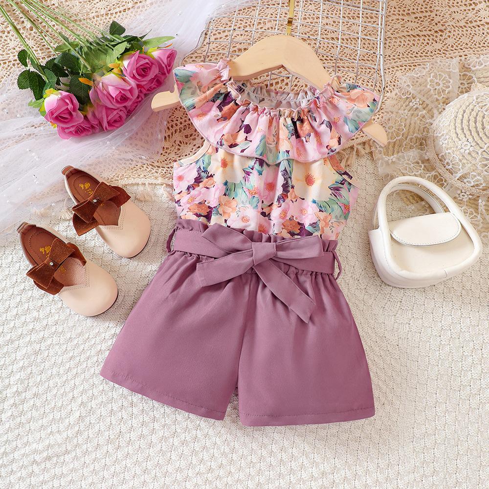Kinderbekleidung Neues Sommer Spitzen-Blumenmuster Top und Shorts Set für Mädchen 3-7 Jahre 110cm