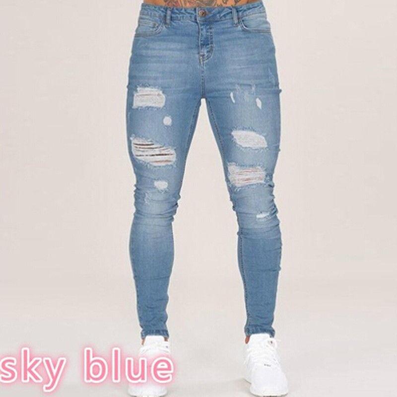 Herrenmode Denim Lochhose Distressed Jeans Lange Bleistifthose XXL hellblaue