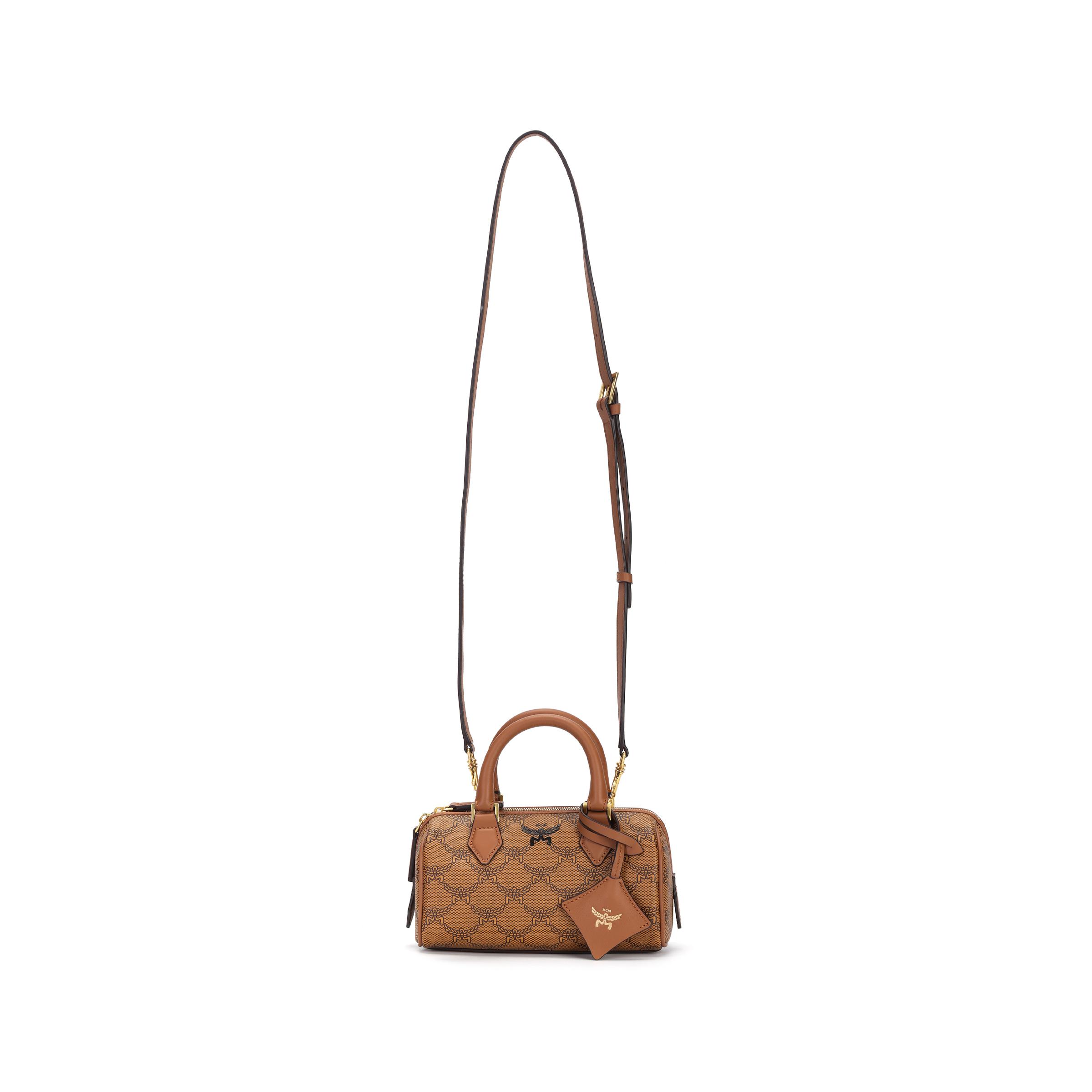 MCM Ella Lauretos Aw24 Monogram Beschichtetes Canvas Boston Tasche Umhängetasche Tote Mini Damen Taschen Cognac MWBESEA09CO001 Basic Set (Bag+Dust Bag)