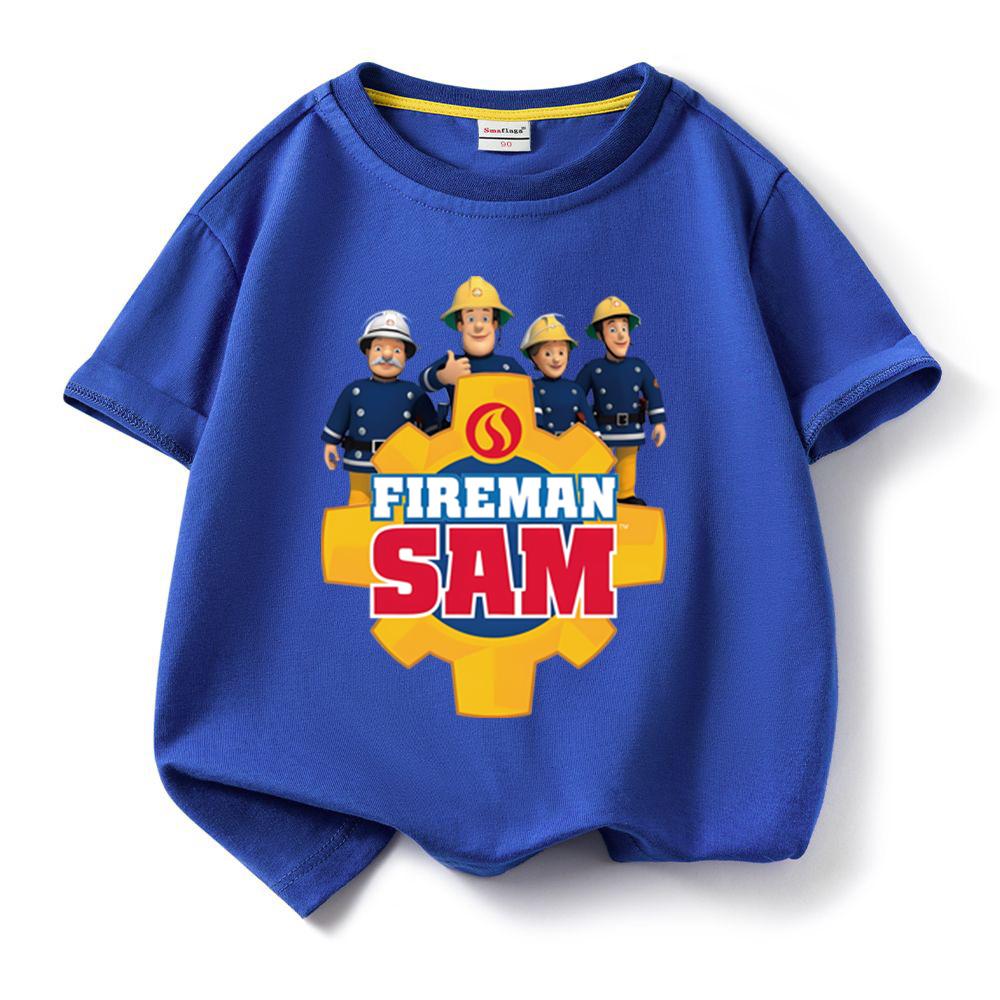 Kinder Baumwoll-T-Shirt Feuerwehrmann Sam Jungen Mädchen Cartoon Rundhals-T-Shirt Kleinkind Kurzarm-T-Shirt Kinder Sommerkleidung Mode Top 120 blue