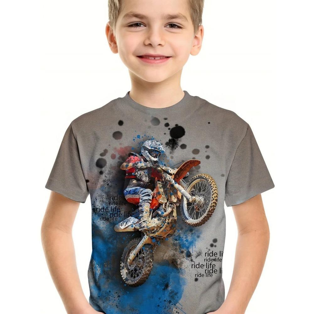 Motorradfahrer Kinder T-Shirt 3D Druck T-Shirt für Jungen Kurzarm T-Shirt Top Kinder T-Shirt Sommer O-Ausschnitt Kinderbekleidung 140 beige