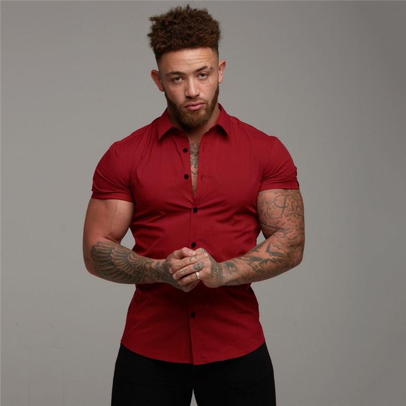 Herrenmode-Hemd, Sommer, klassisch, schmale Passform, Knopfleiste, kurzärmelig, für Herren, lässig, Business, männlich, Hipster, soziales Hemd L rot