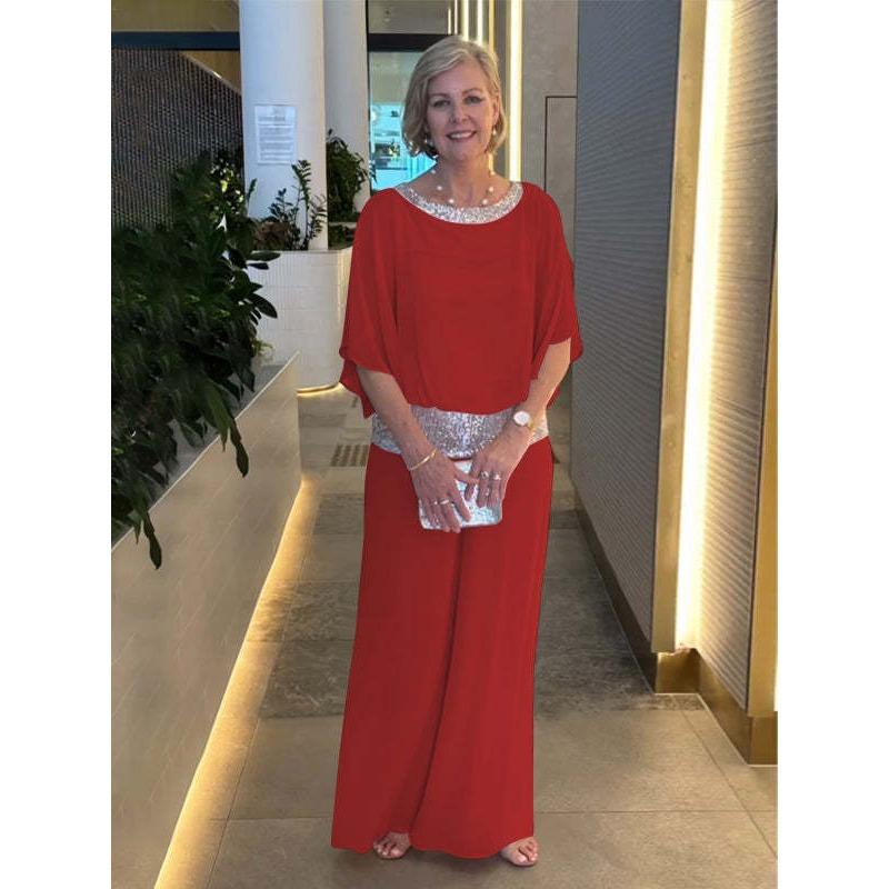 YYFS Damenmode Casual Frühling Herbst Einfarbig Druck 1/2 Ärmel O Hals Hosen Anzüge XL rot