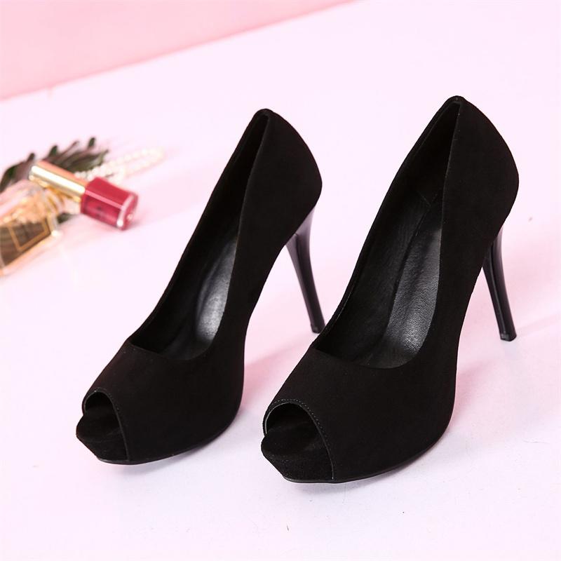 Damen 10cm High Heels 2,5cm Plateau Fetisch Peep Toe Rote Untere Pumps Lady Stiletto Heels Nachtclub Wildleder Party Schuhe 33 schwarz