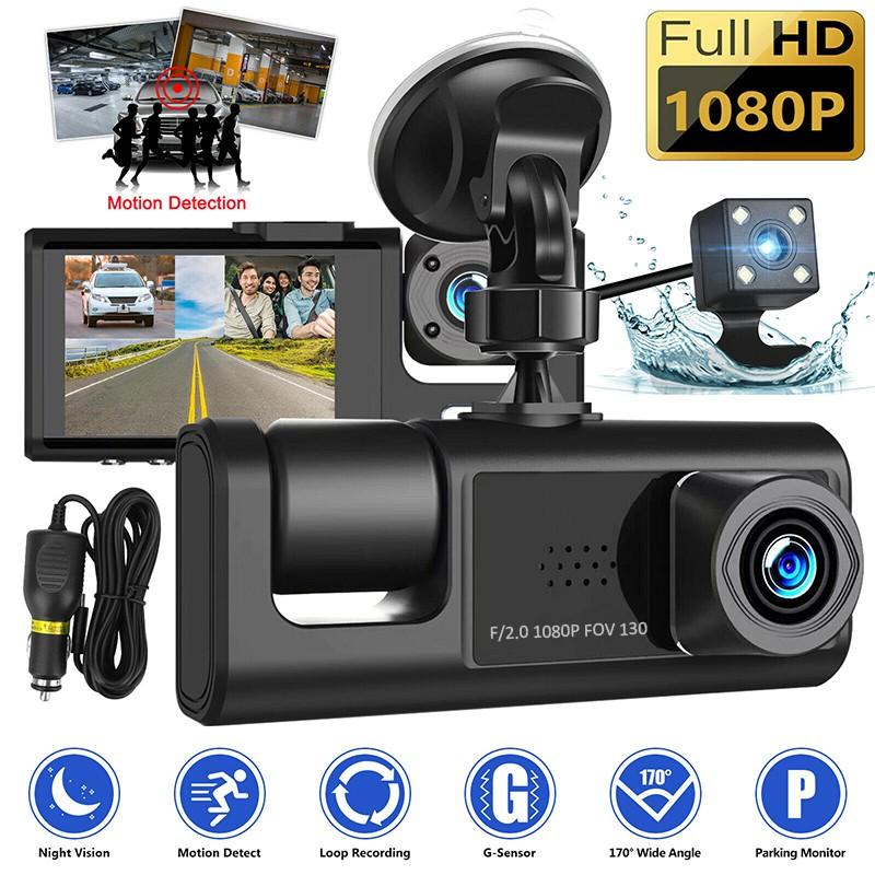 1080P Auto DVR 2-Zoll-Fahrtenrecorder 2/3-Wege HD 1080P Drei-Objektiv-Parküberwachung mit Nachtsicht Auto DVR Dash Cam Front & interior & Rear schwarz