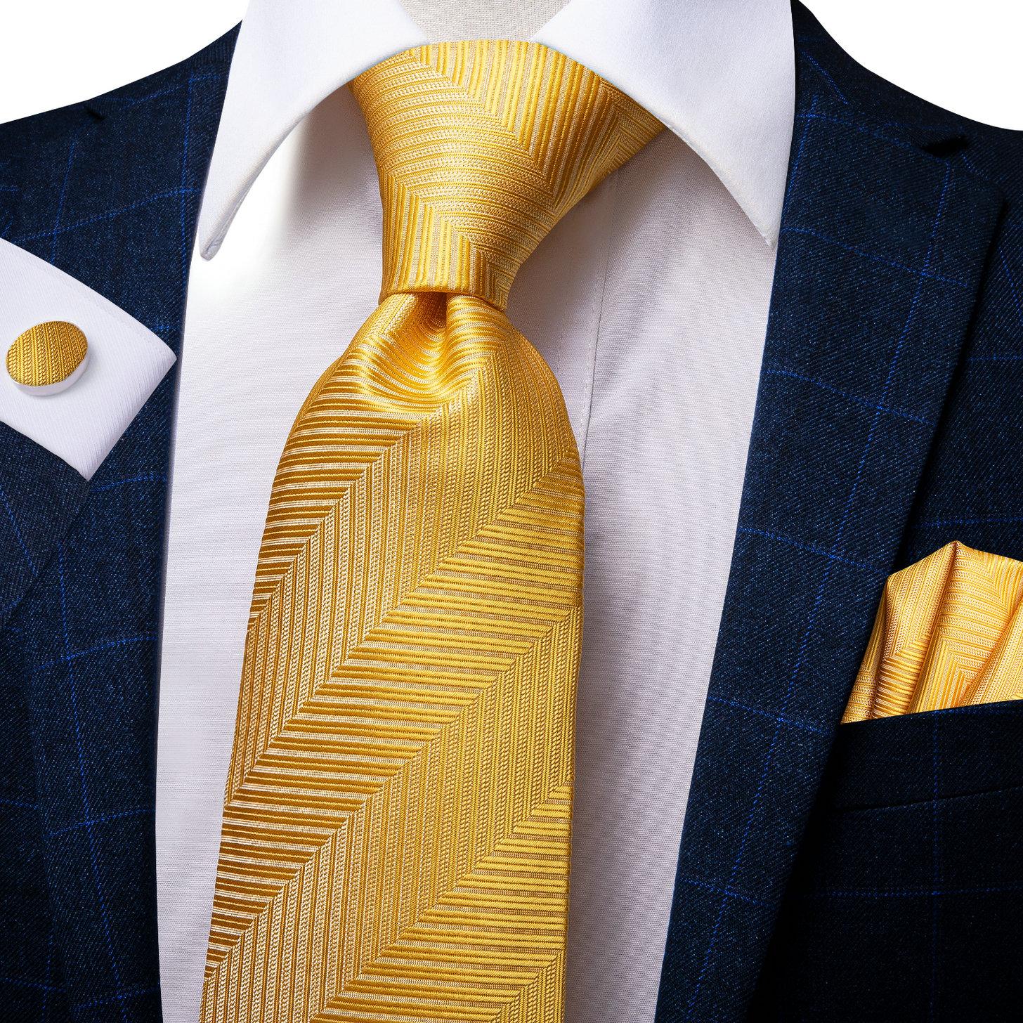 Hi-Tie New Fashion Herren-Krawatte, Business-Krawatte, Einstecktuch, Manschettenknöpfe, Krawatten-Set N-3177 gold
